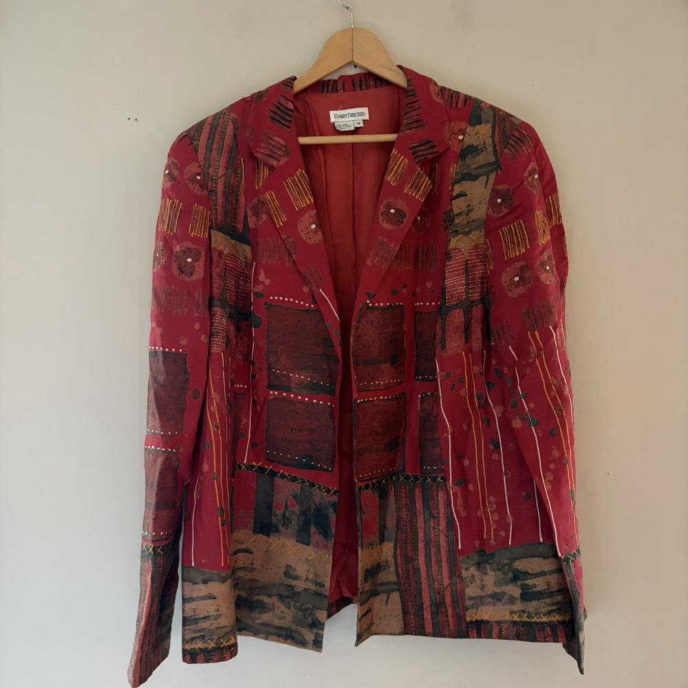 VTG Barry Bricken Womens Linen Blazer Jacket Size 14 Red Artsy Abstract Boho